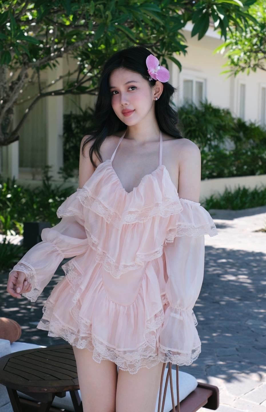 Đầm Yếm Voan Viền Ren TD Bẹt Vai