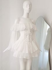 Đầm Xòe Bèo Bẹt Vai  Đan Dây