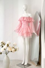 Đầm Xòe Bèo Bẹt Vai  Đan Dây