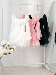 Đầm Xòe Bèo Bẹt Vai  Đan Dây