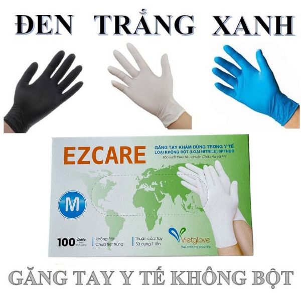 Bao Tay Y Tế Vietglove Ezcare Màu Xanh/Đen/Trắng Không Bột Nitrile 23cm