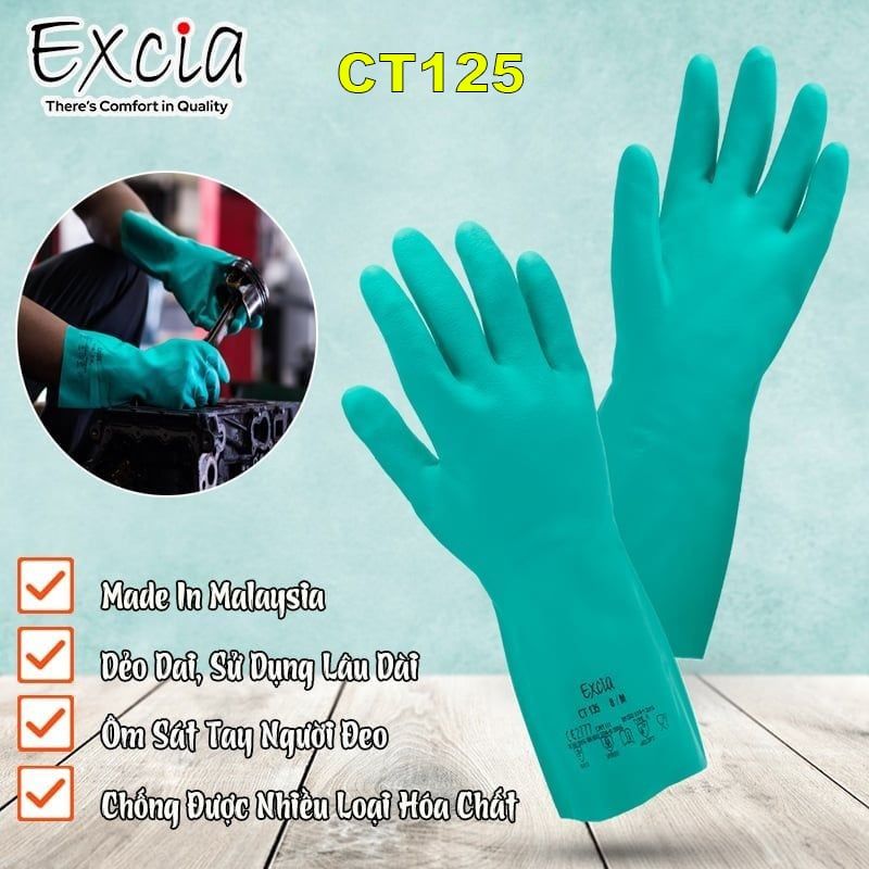 Găng Tay Cao Su Chống Hóa Chất Excia CT125 Màu Xanh Chiều Dài 33CM Dày  0.40mm