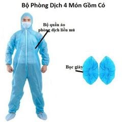 Quần Áo Bảo Hộ Y Tế Phòng Dịch 4 Món: Bộ Quần Áo Liền Mũ + Bọc Giày