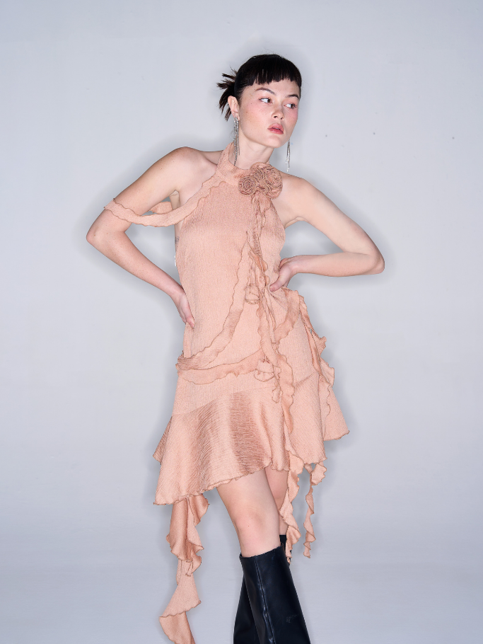  Đầm Tơ Cam Nude Bèo Hoa 