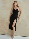  Đầm 2 Dây Nhung Đen Xẻ Đùi 