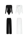  Bodysuit Thun Ánh Kim Đen Lệch Vai 