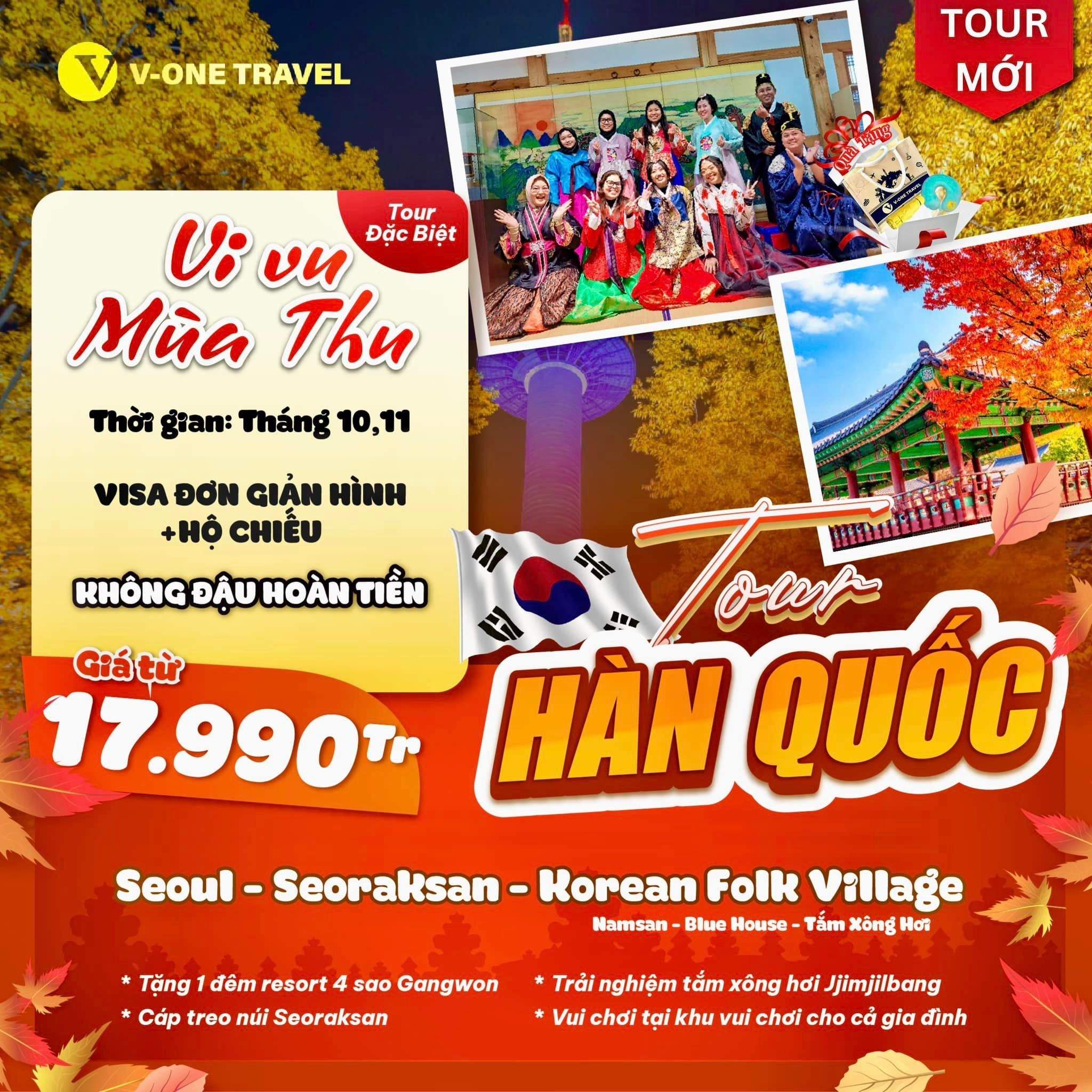 [TOUR MỚI 2024] SEOUL – SEORAKSAN – KOREAN FOLK VILLAGE  NAMSAN – BLUE HOUSE – TẮM XÔNG HƠI