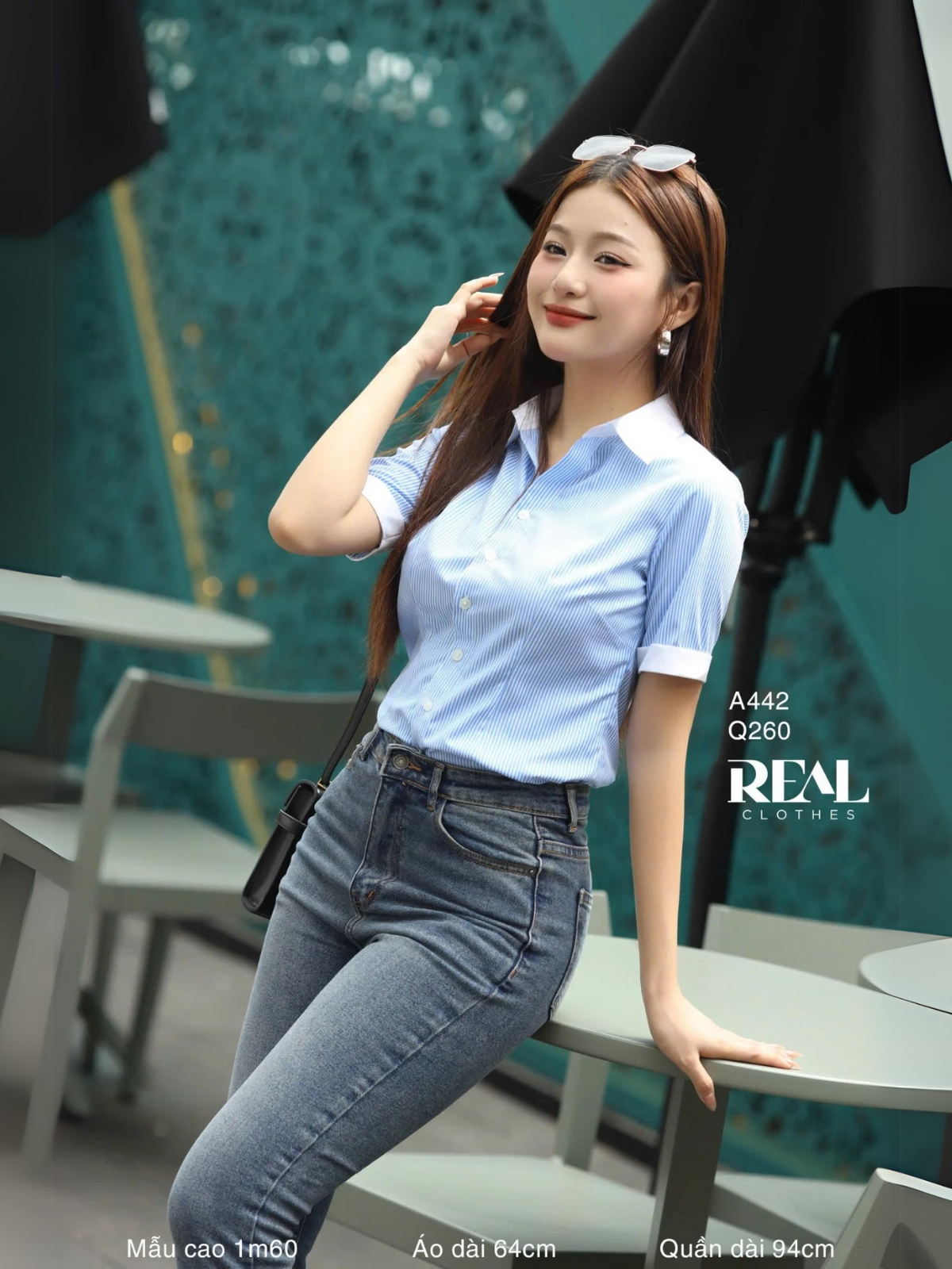 Sơ mi phối cổ sọc xanh tay đủ SALE - size S