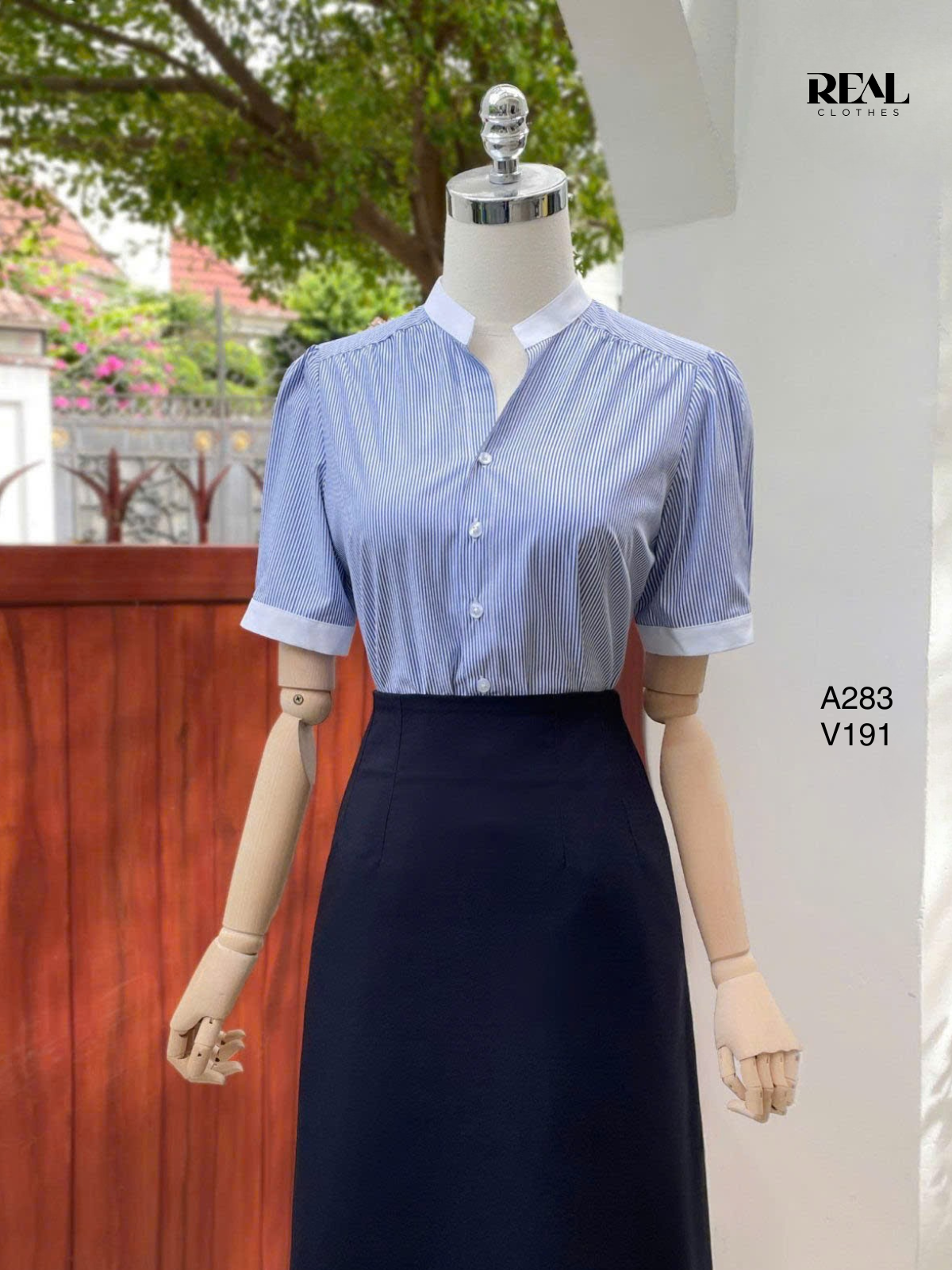 Sơ mi cổ trụ sọc xanh SALE