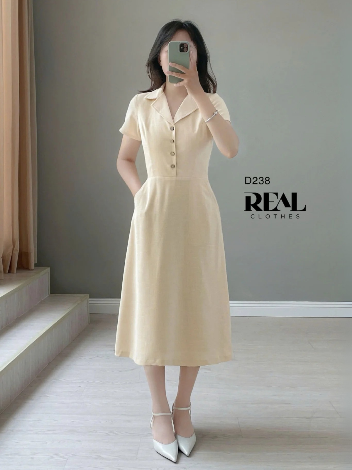  Đầm cổ ve tay đủ nude 