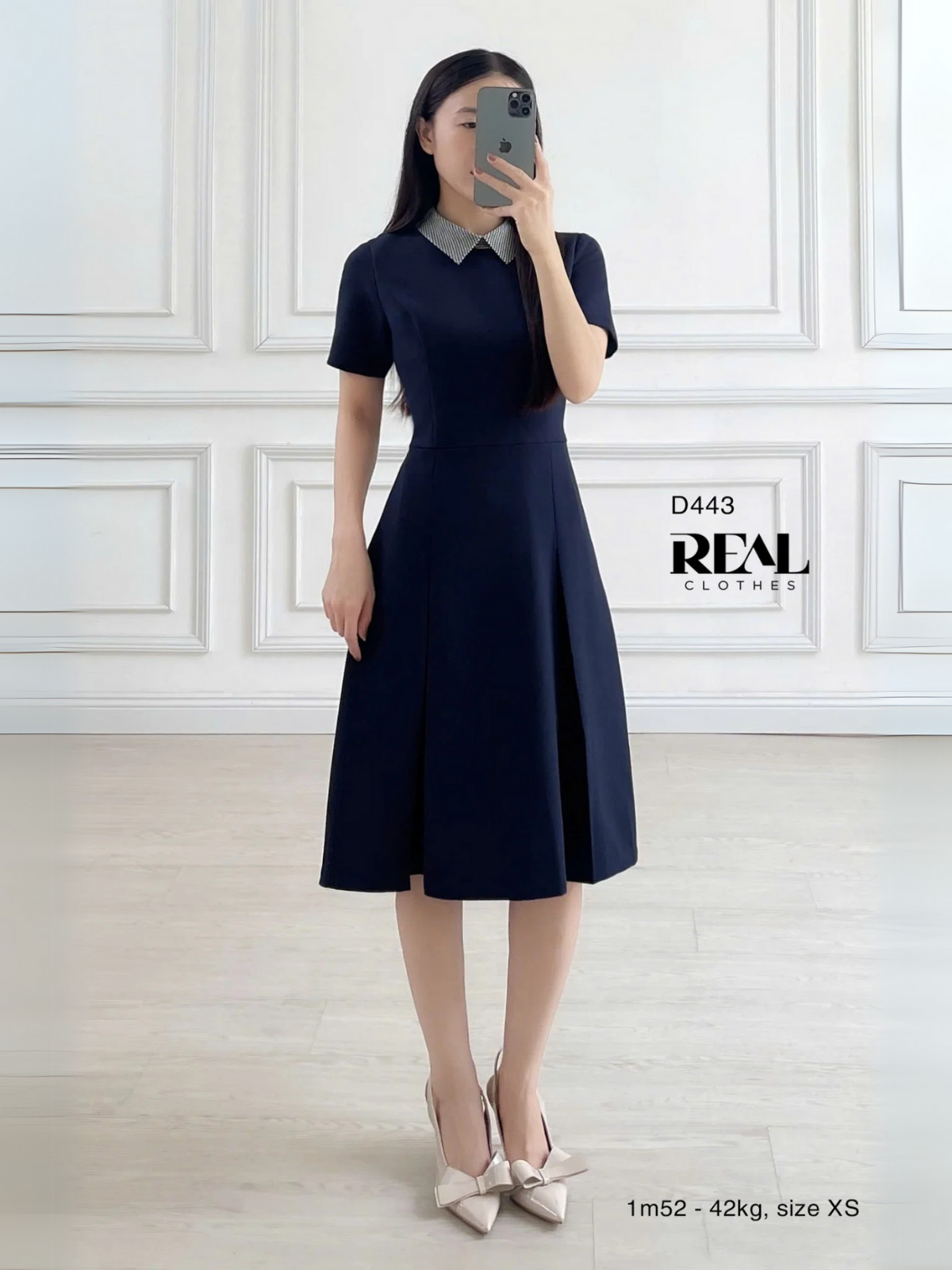  Đầm 2 xếp cổ sơ mi xanh đen 