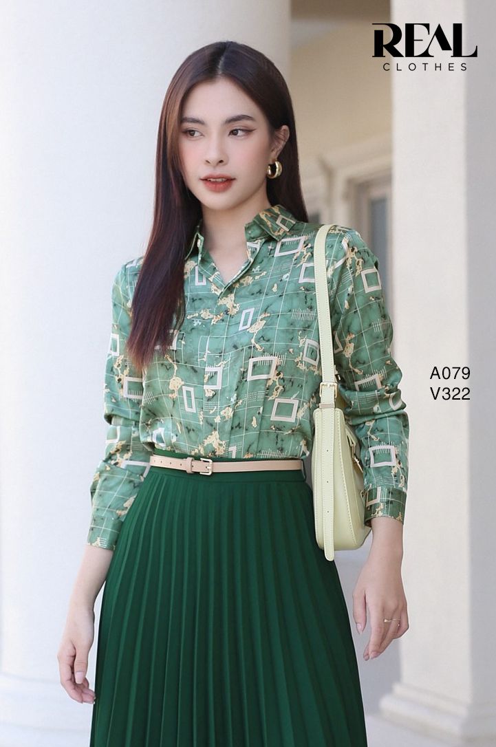 Sơ mi satin bản đồ xanh lá