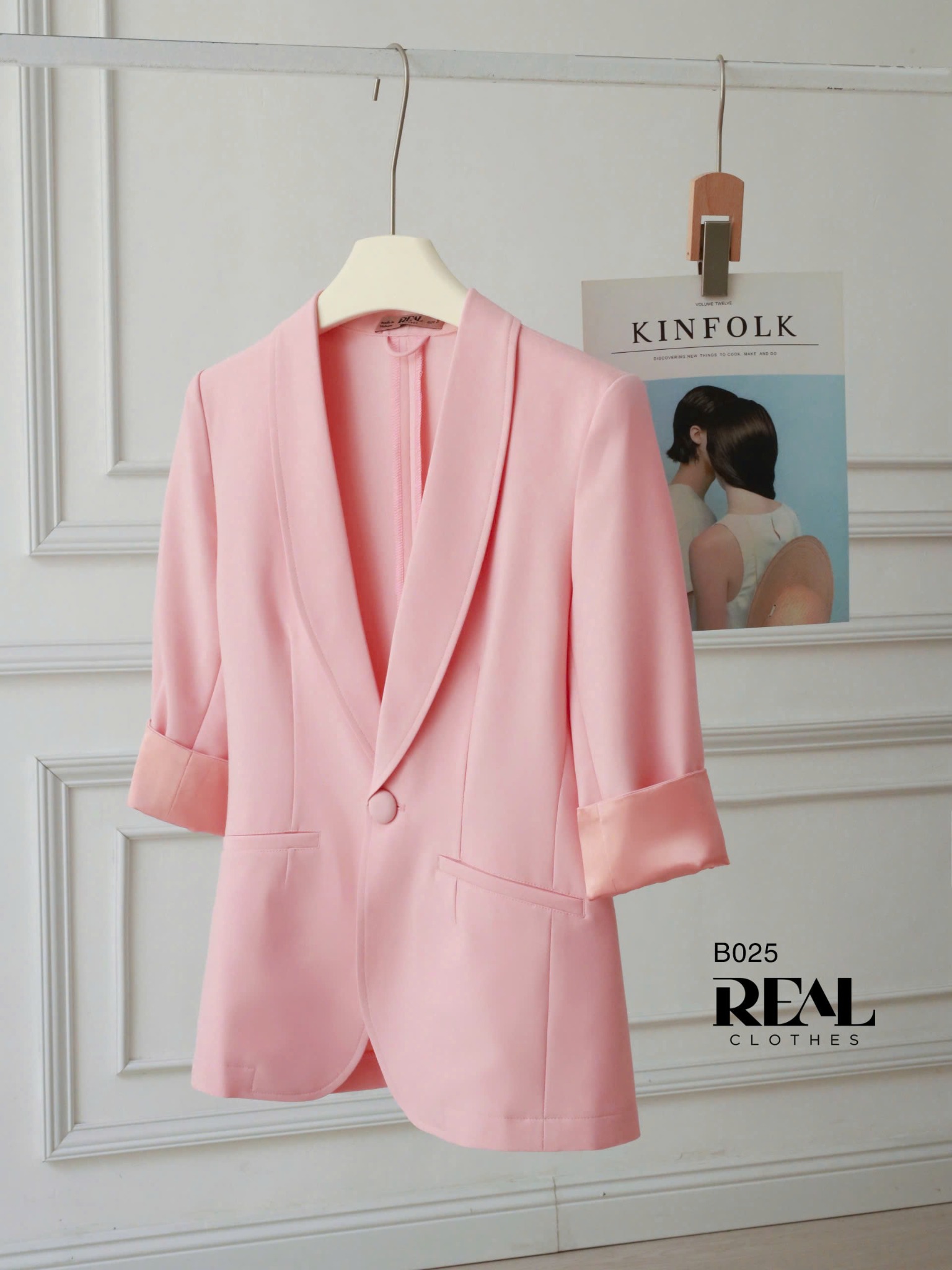 Blazer dài hồng satin