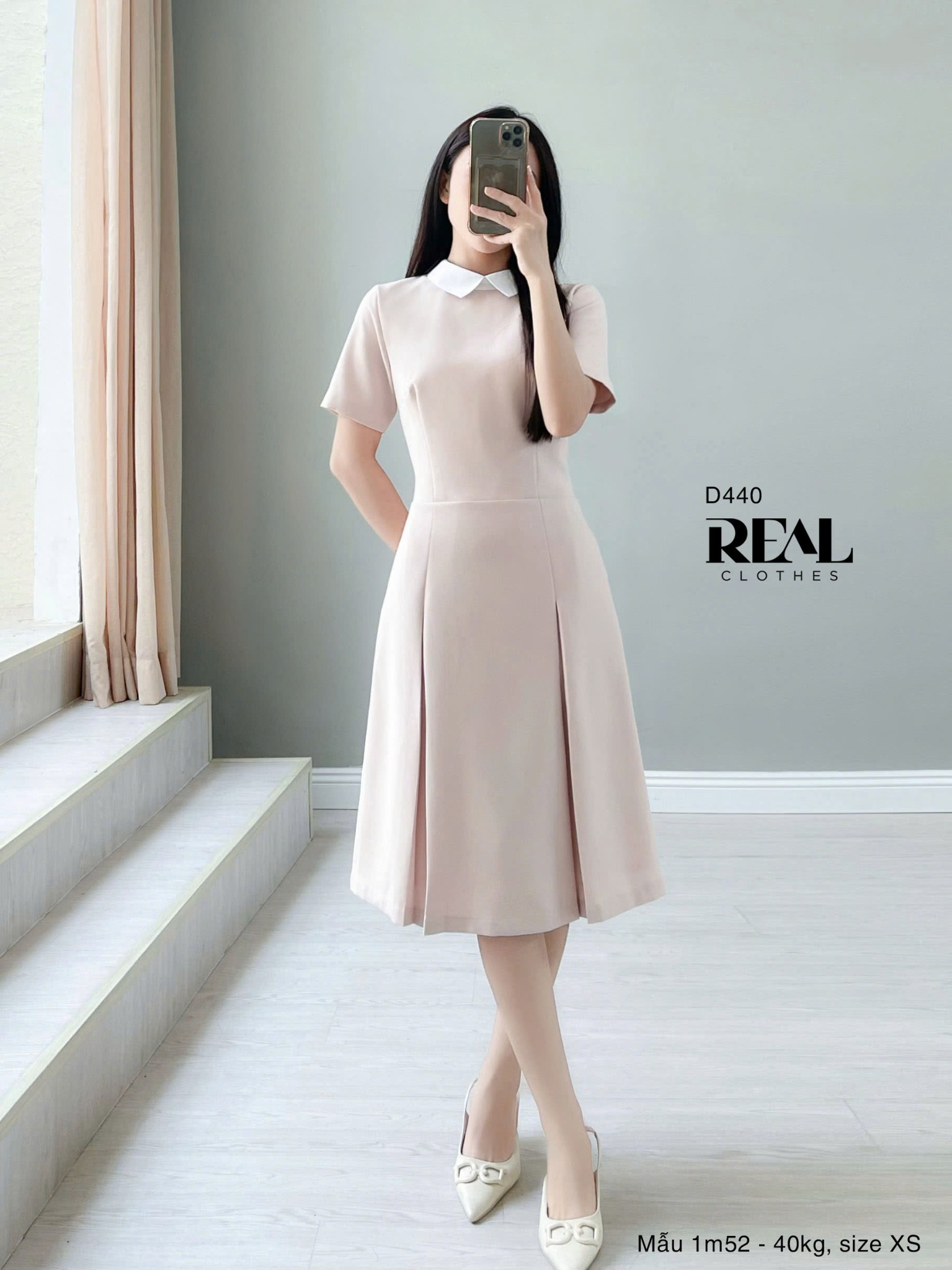 Đầm 2 xếp cổ sơ mi hồng