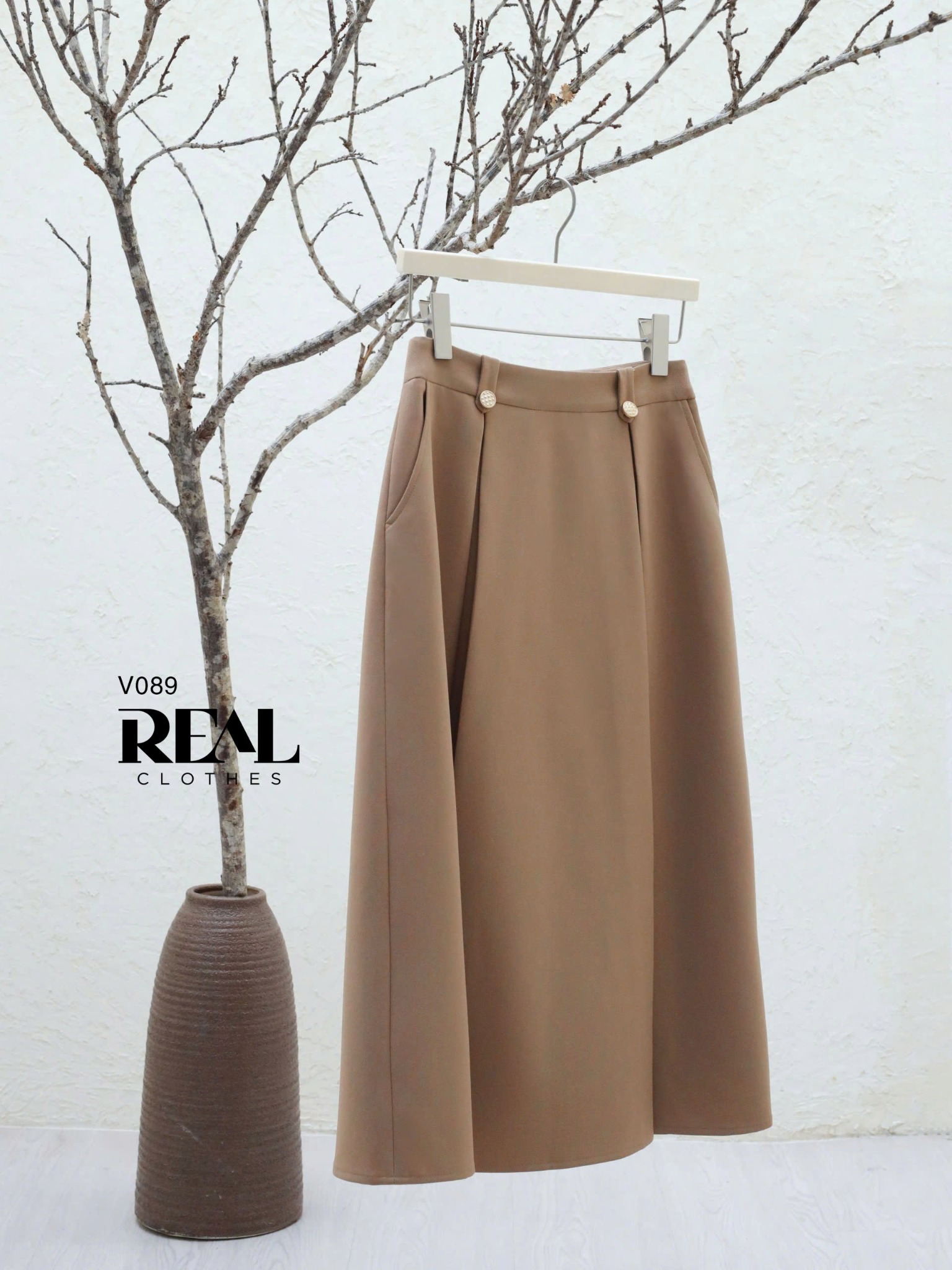 Váy 2 xếp nút cà phê sữa SALE