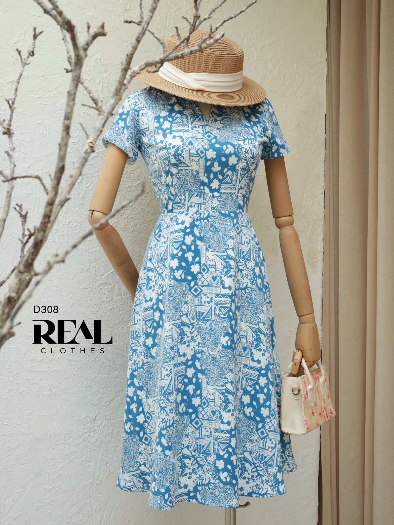 Đầm cổ tròn cách điệu hoa xanh SALE - size S