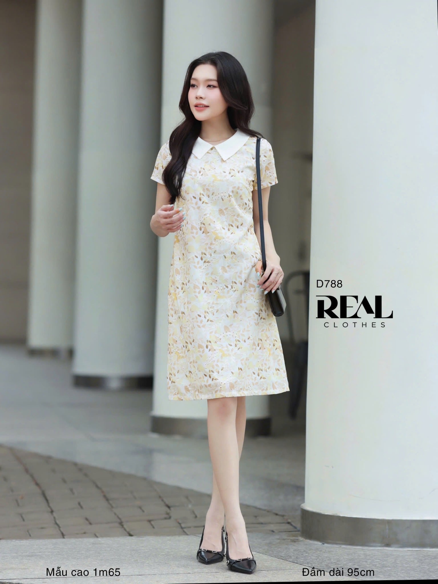 Đầm suông tay đủ cổ lá sen vàng