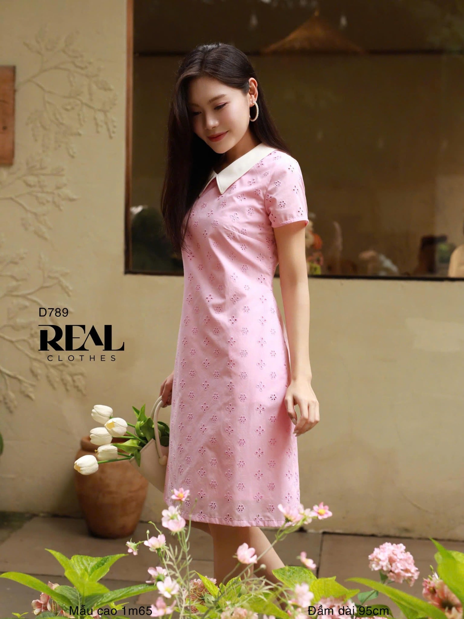 Đầm suông ren tay đủ cổ lá sen hồng SALE - size S