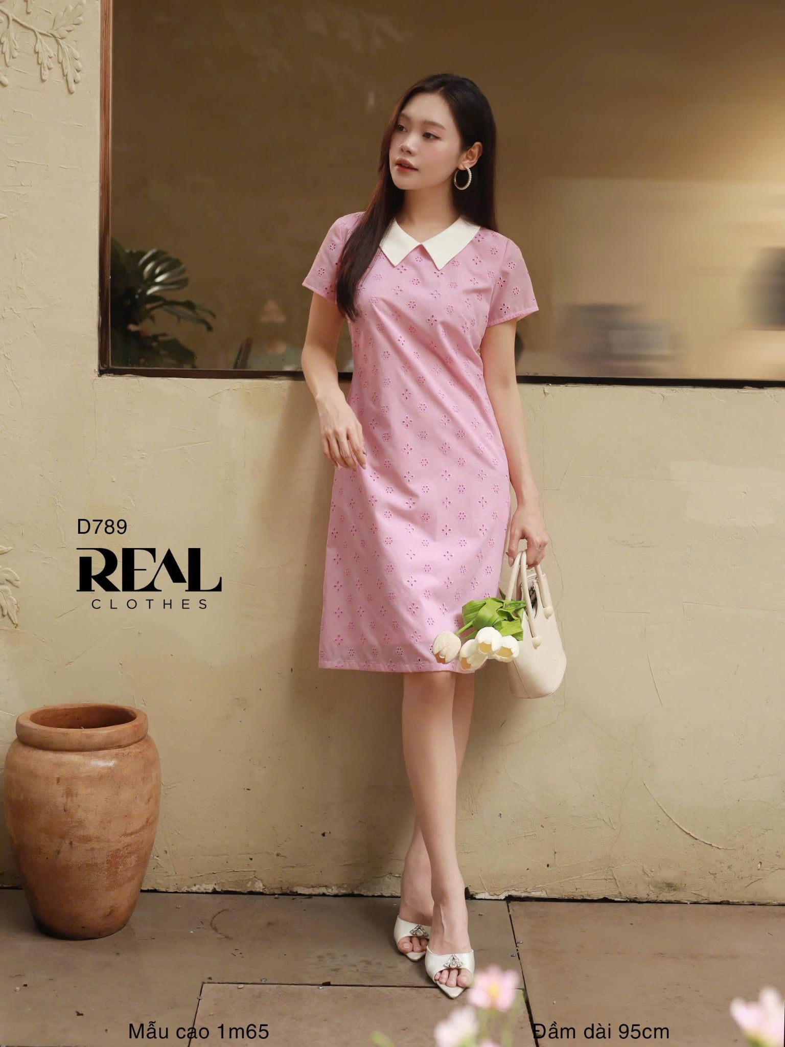 Đầm suông ren tay đủ cổ lá sen hồng SALE - size S