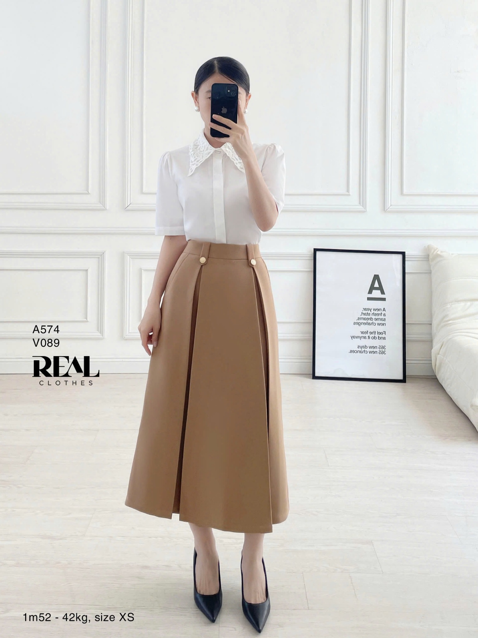 Váy 2 xếp nút cà phê sữa SALE