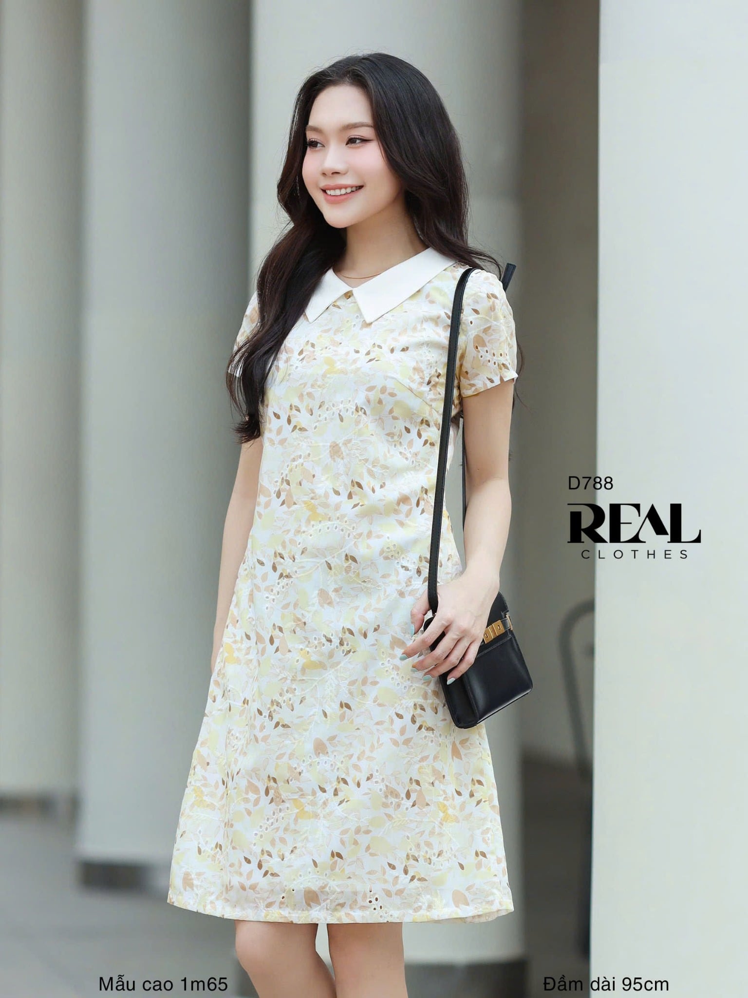 Đầm suông tay đủ cổ lá sen vàng