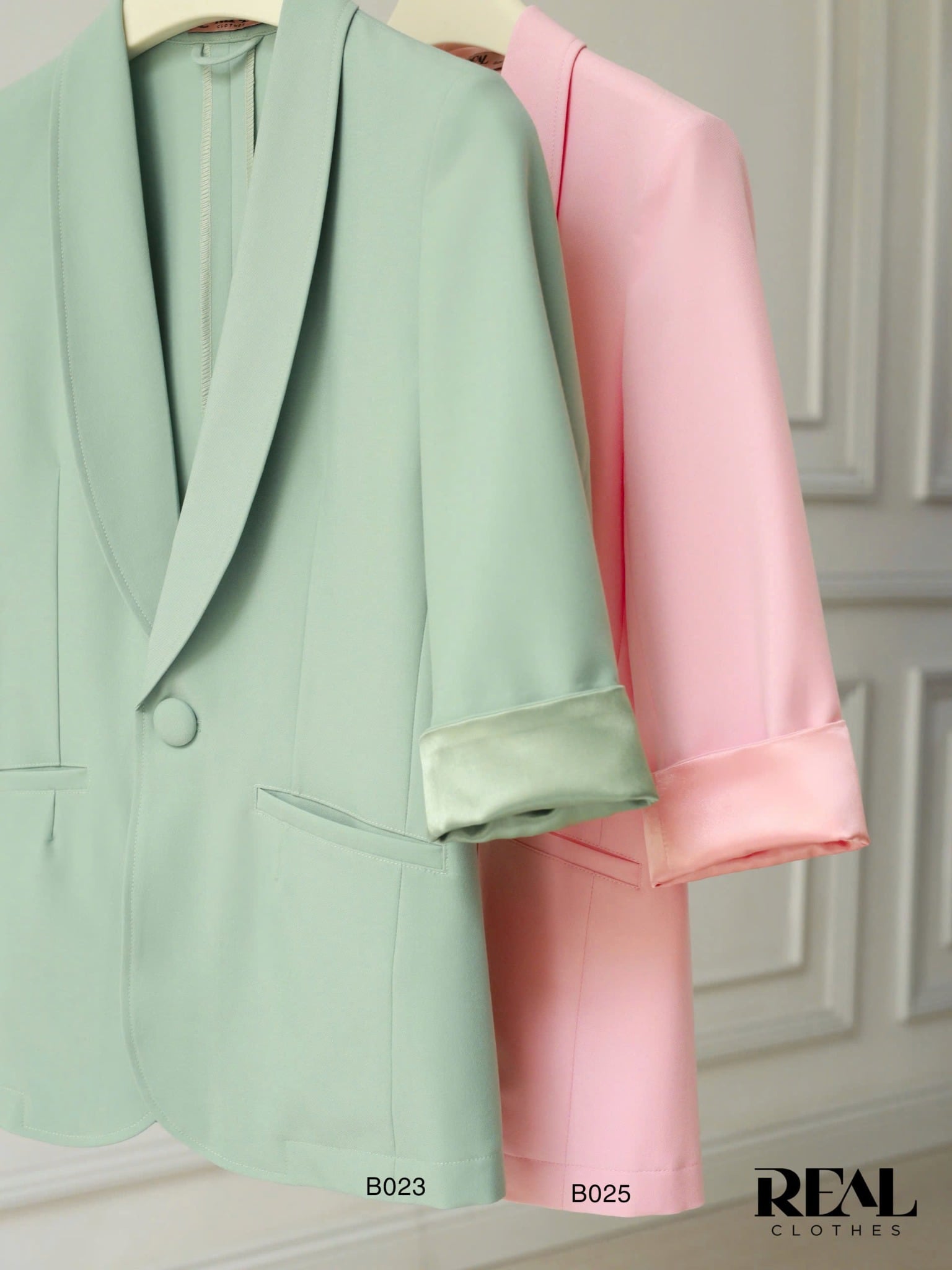 Blazer dài hồng satin