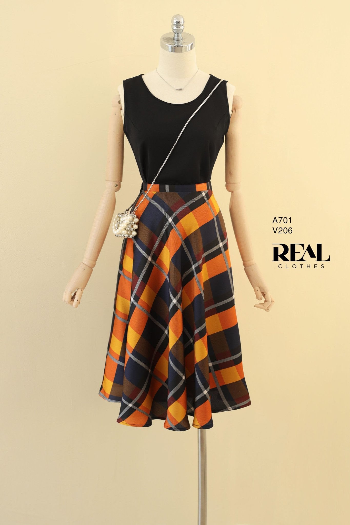 Váy xòe midi ô vuông cam SALE - size M