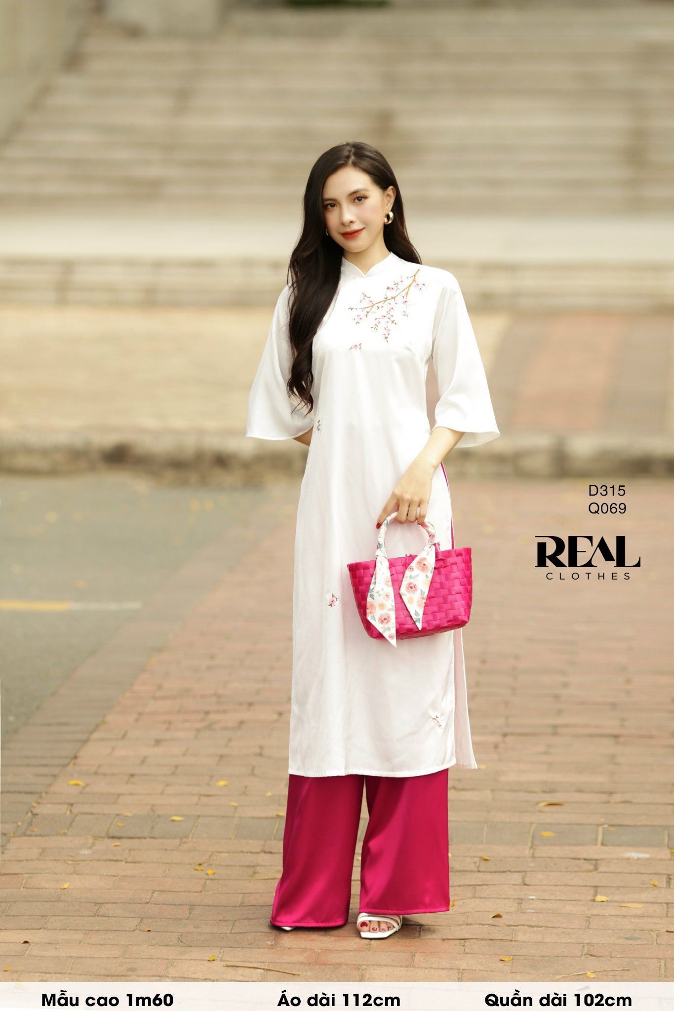 Áo dài cách tân Vivi trắng hoa mận