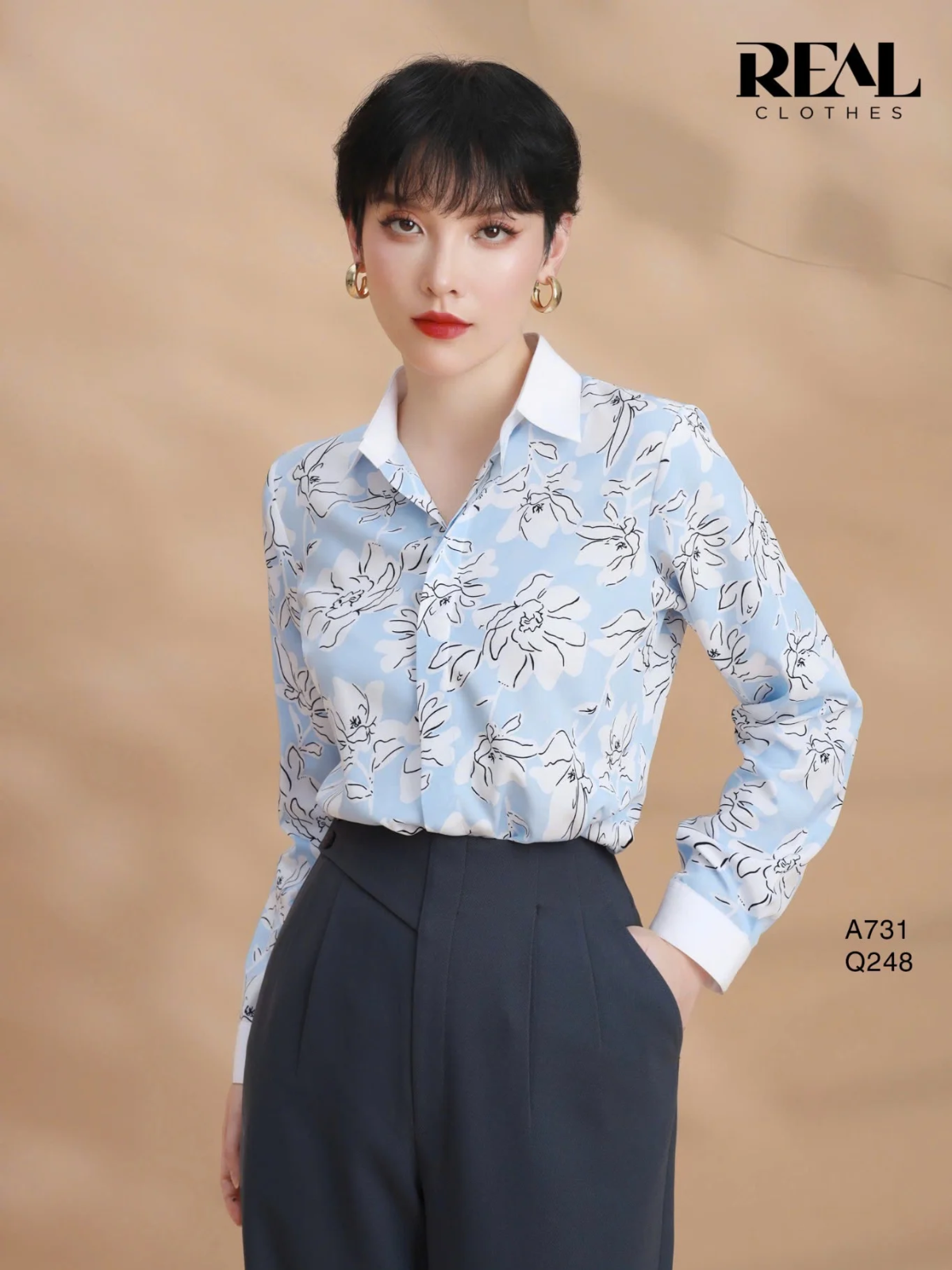 Sơ mi phối cổ hoa blue SALE