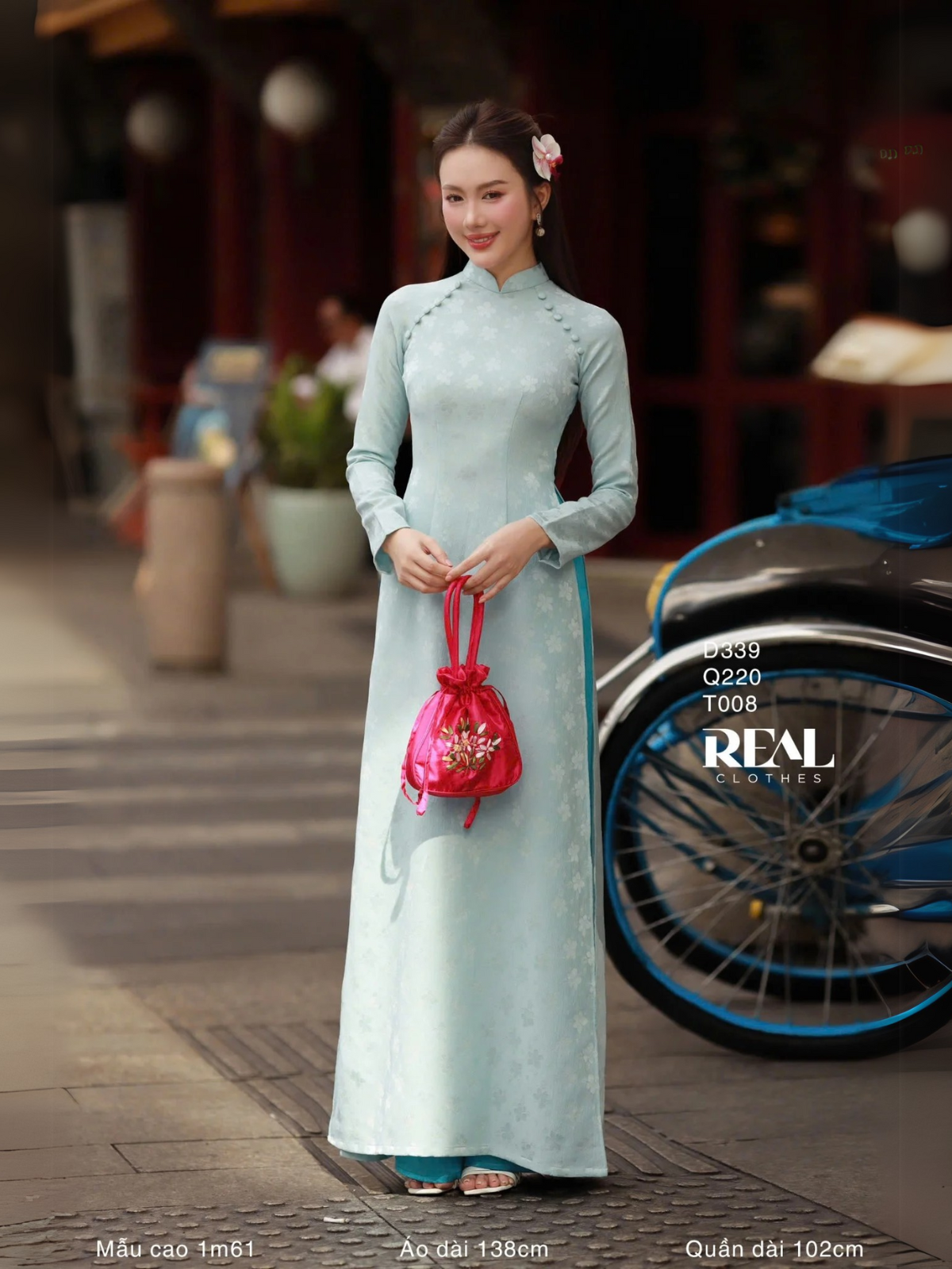  Áo dài truyền thống Nhã An lụa lam tay dài 