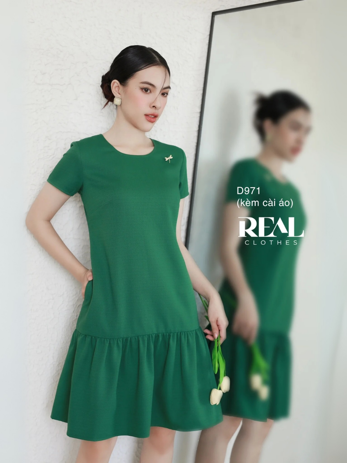  Đầm hạ eo xanh lá (kèm cài áo) SALE 