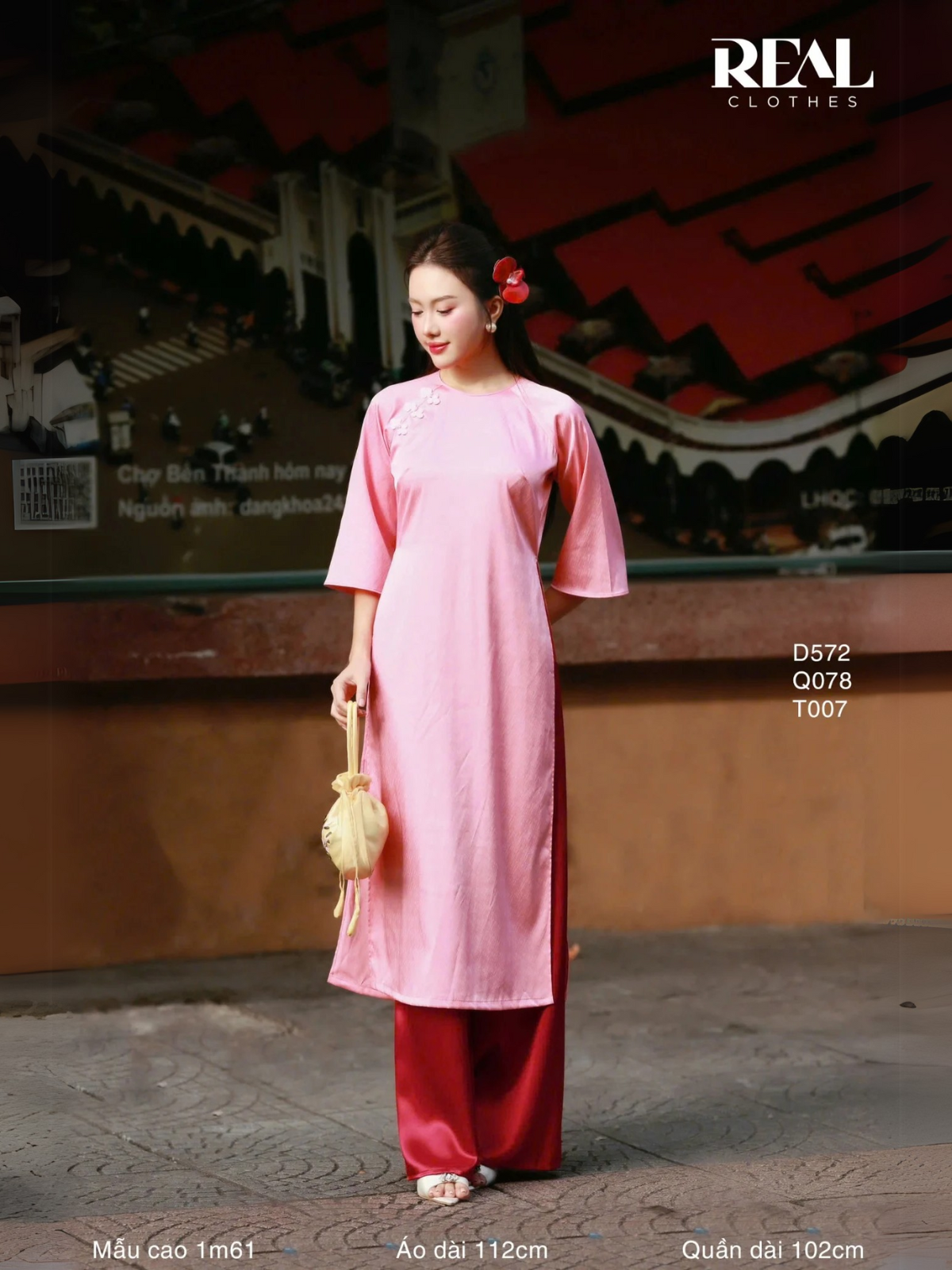  Áo dài cách tân nút hoa hồng cam SALE 