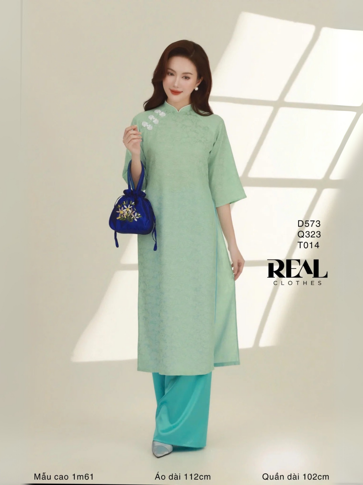  Áo Dài Cách Tân Nút Hoa Xanh Mint 