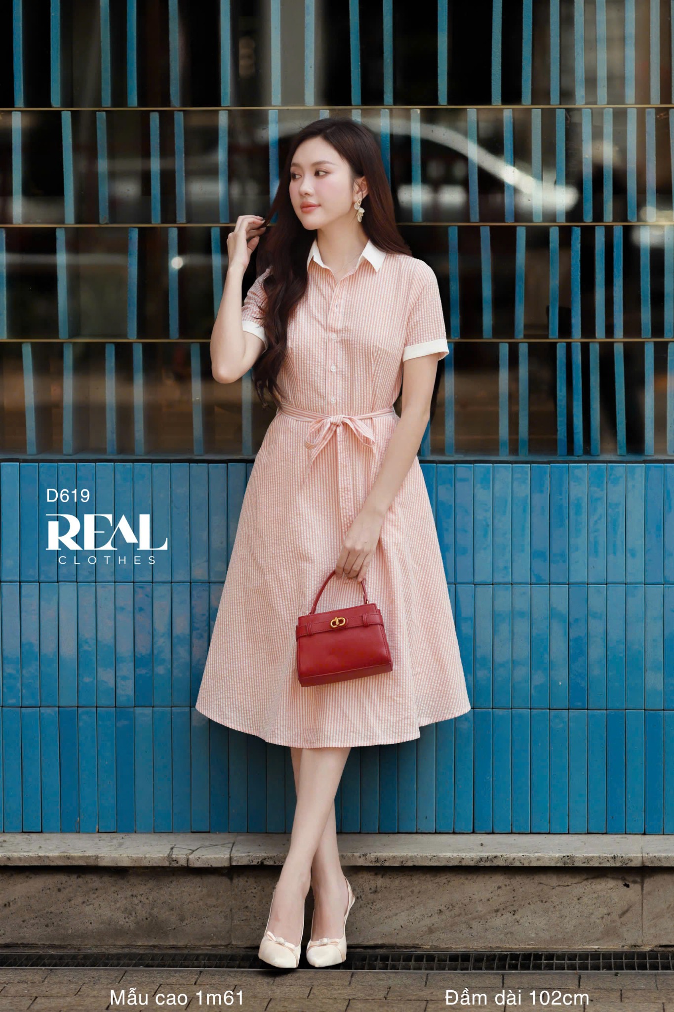 Đầm sơ mi xòe sọc cam