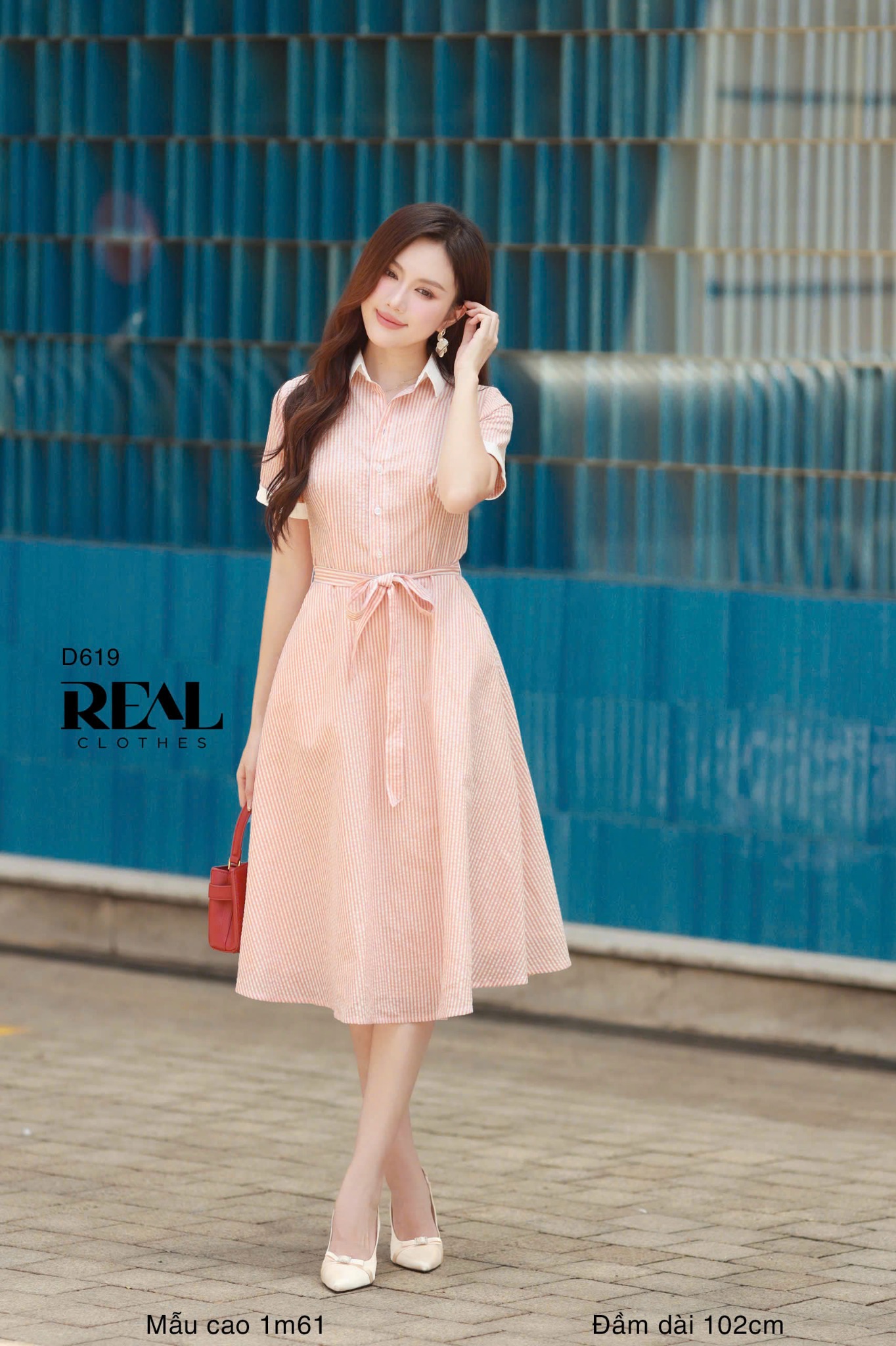 Đầm sơ mi xòe sọc cam