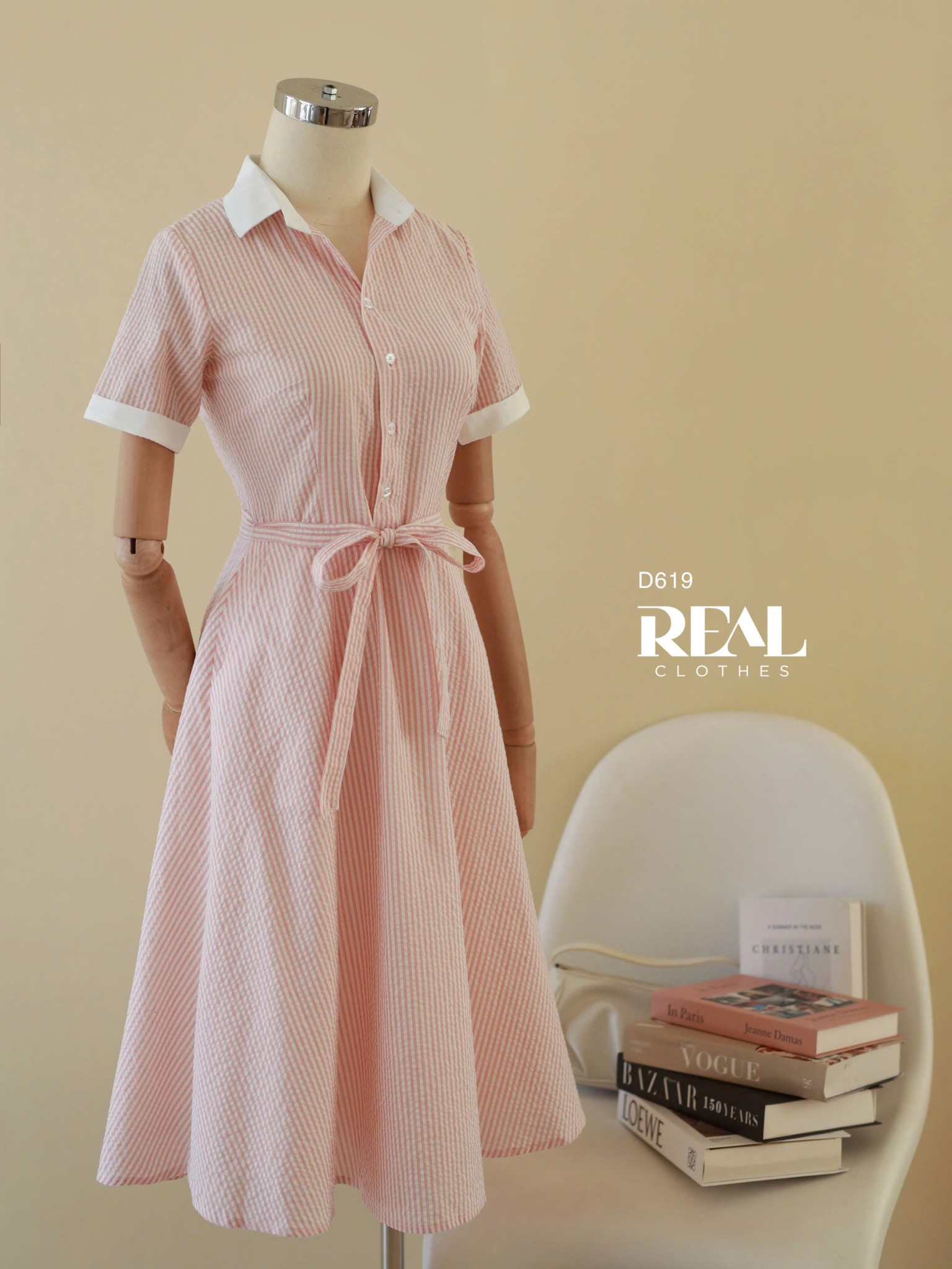 Đầm sơ mi xòe sọc cam