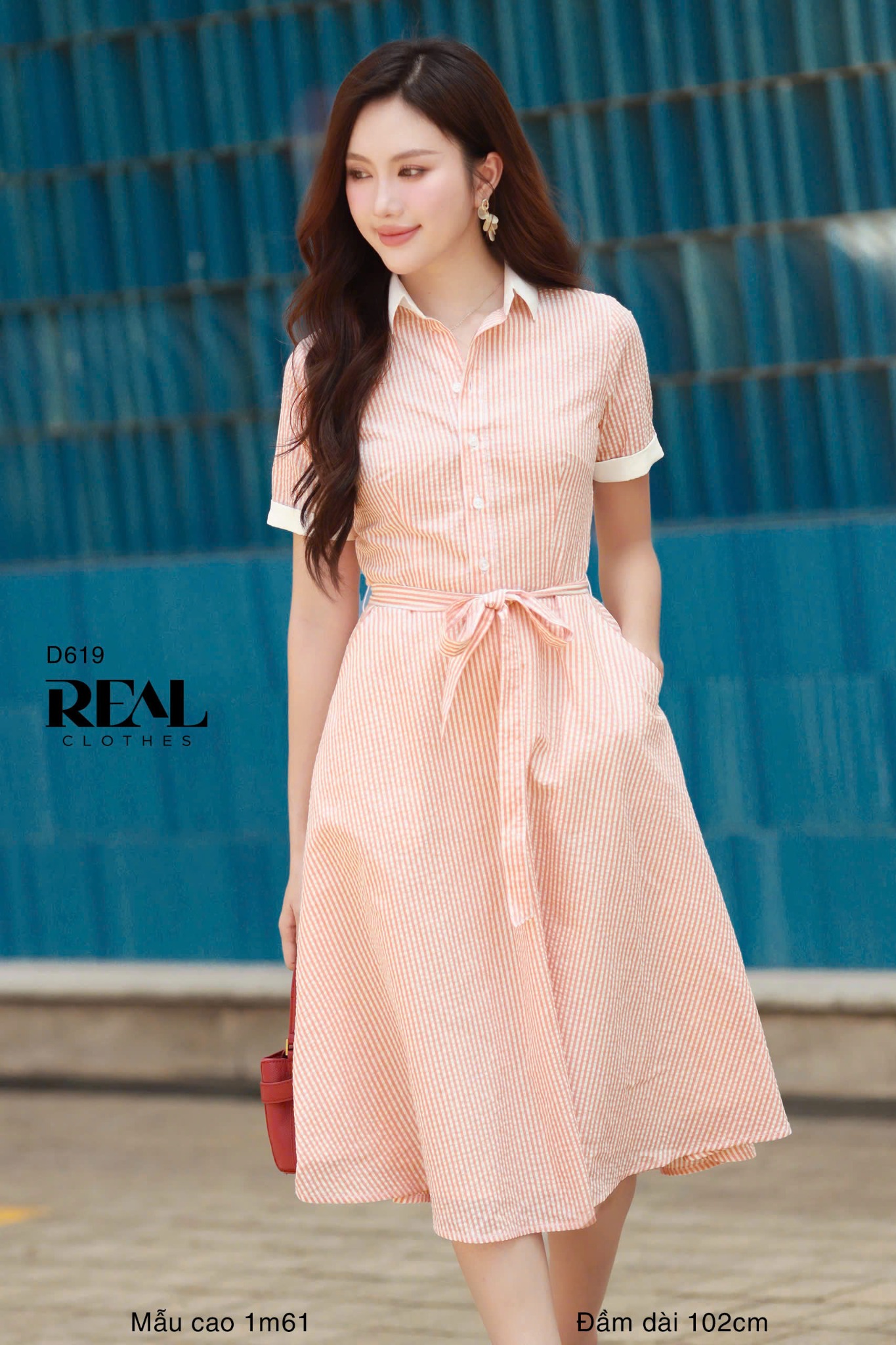 Đầm sơ mi xòe sọc cam