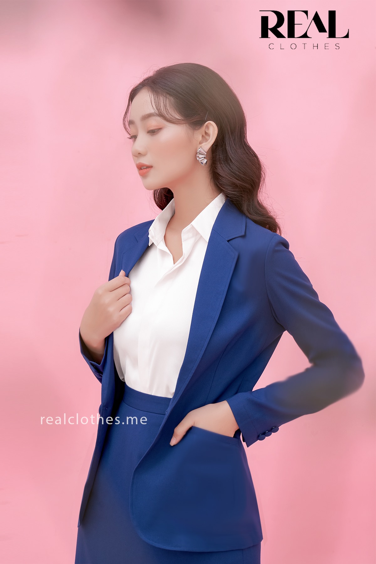 Blazer dài tay dài xanh cổ vịt