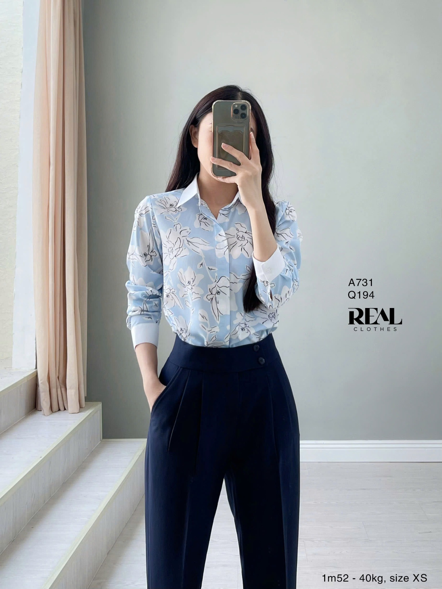 Sơ mi phối cổ hoa blue SALE