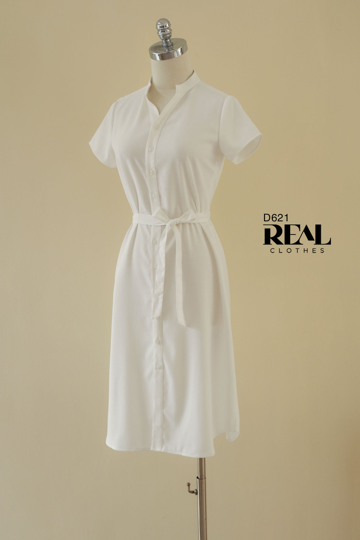 Đầm sơ mi cổ trụ linen trắng SALE