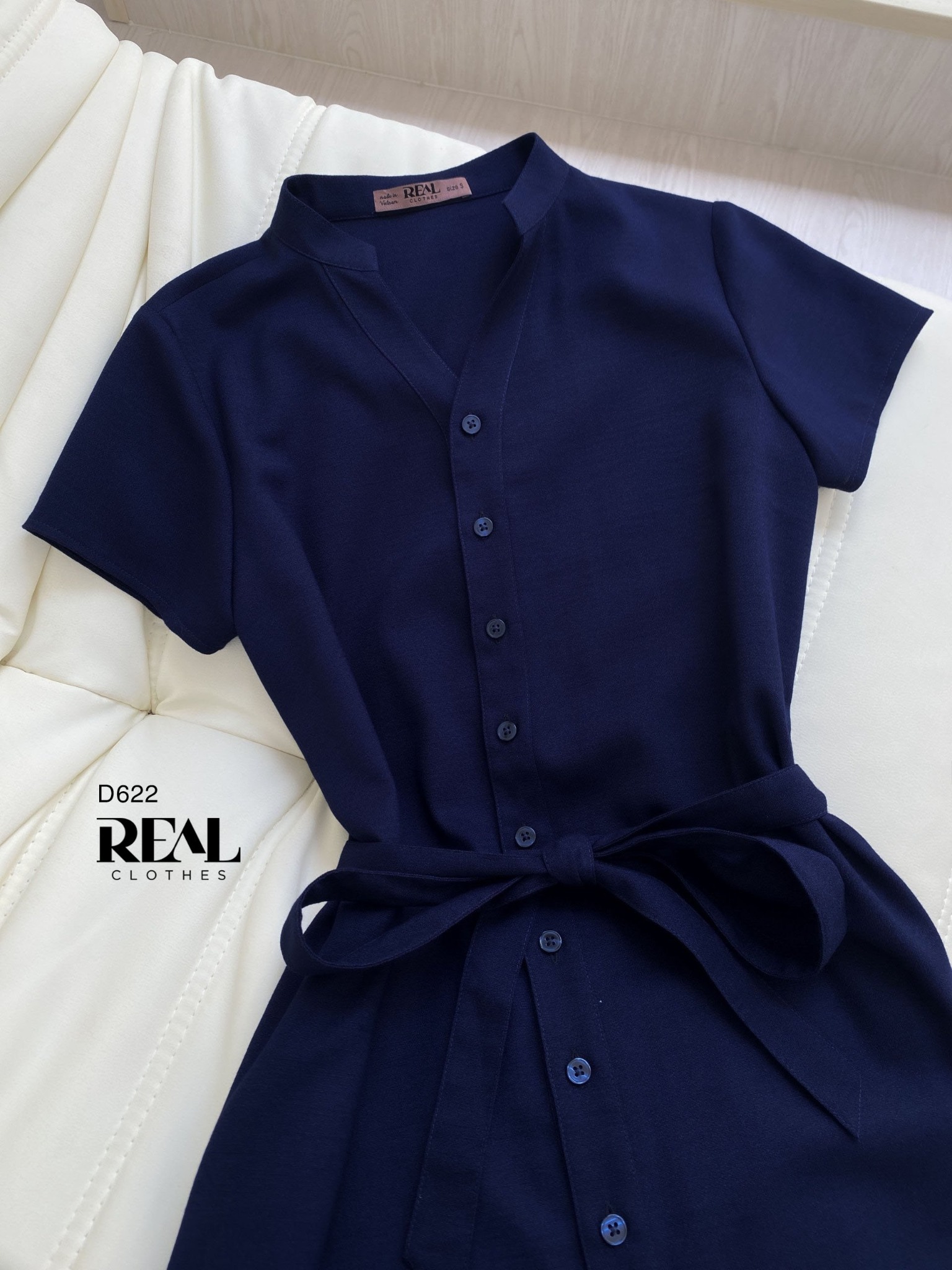 Đầm Sơ Mi Cổ Trụ Linen Navy