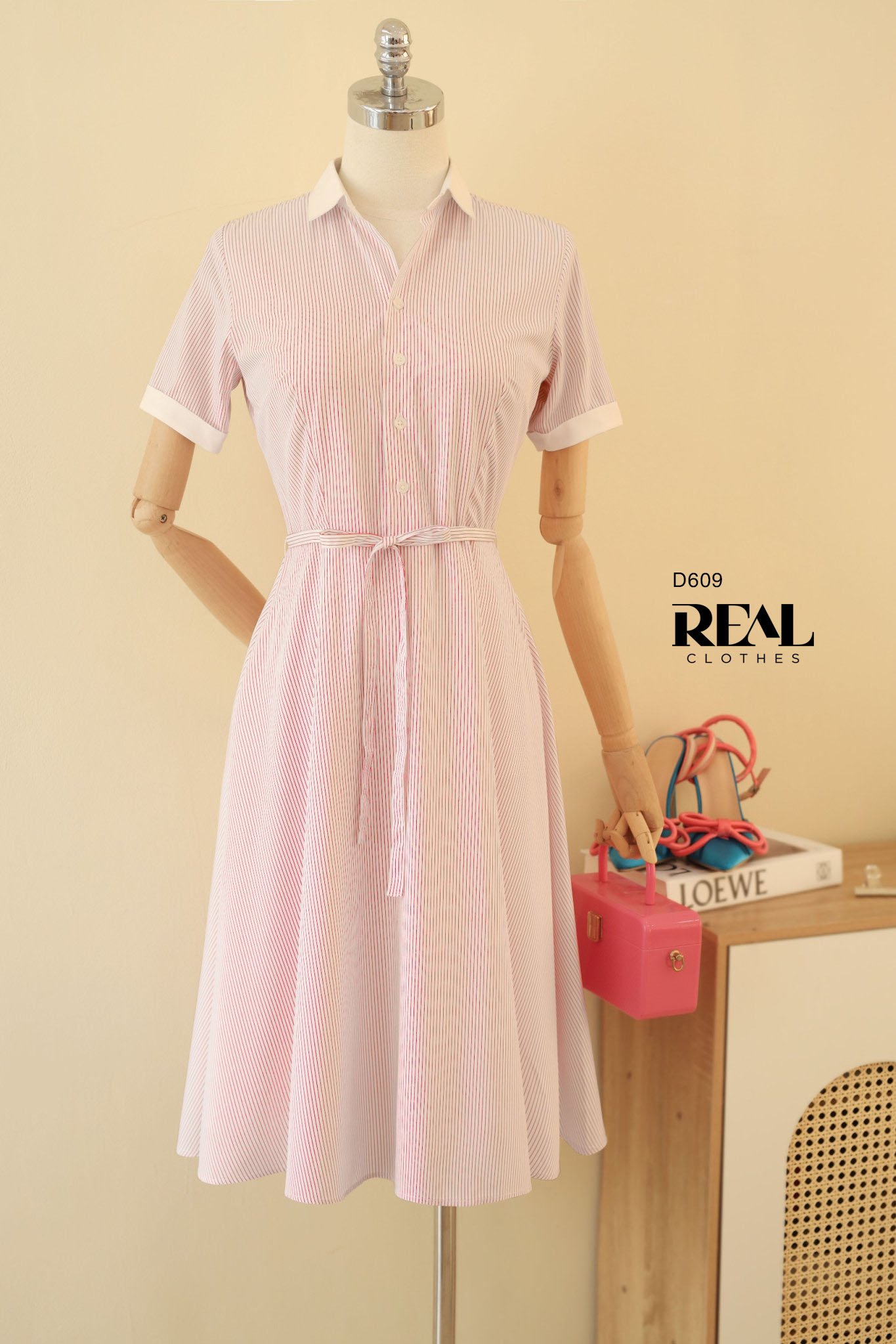 Đầm Sơ Mi Xòe Sọc Hồng