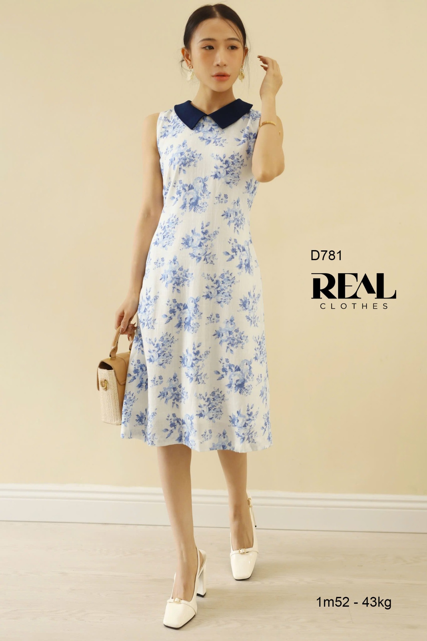 Đầm suông hoa xanh cổ lá sen SALE