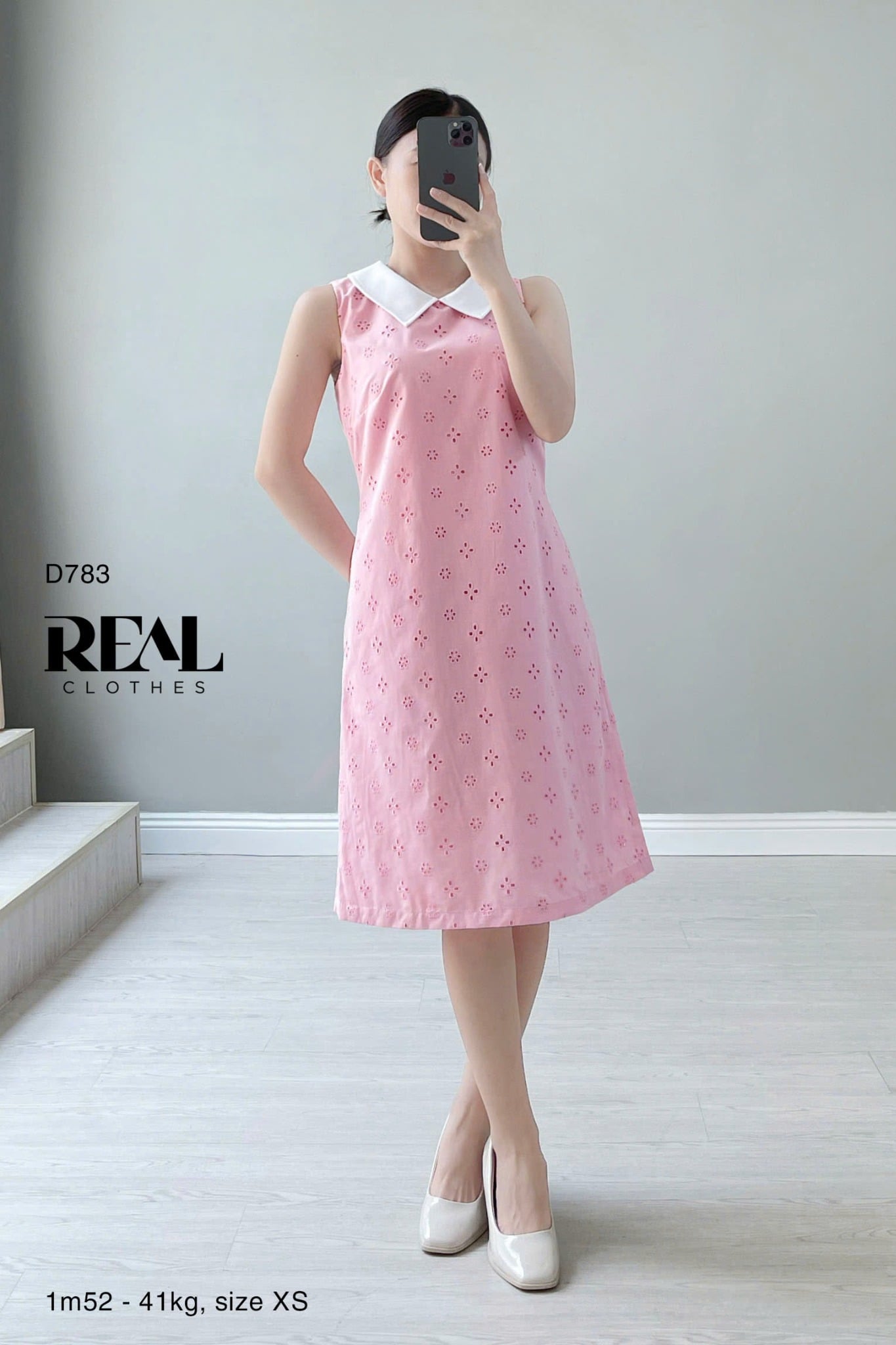 Đầm Suông Ren Thêu Cổ Lá Sen