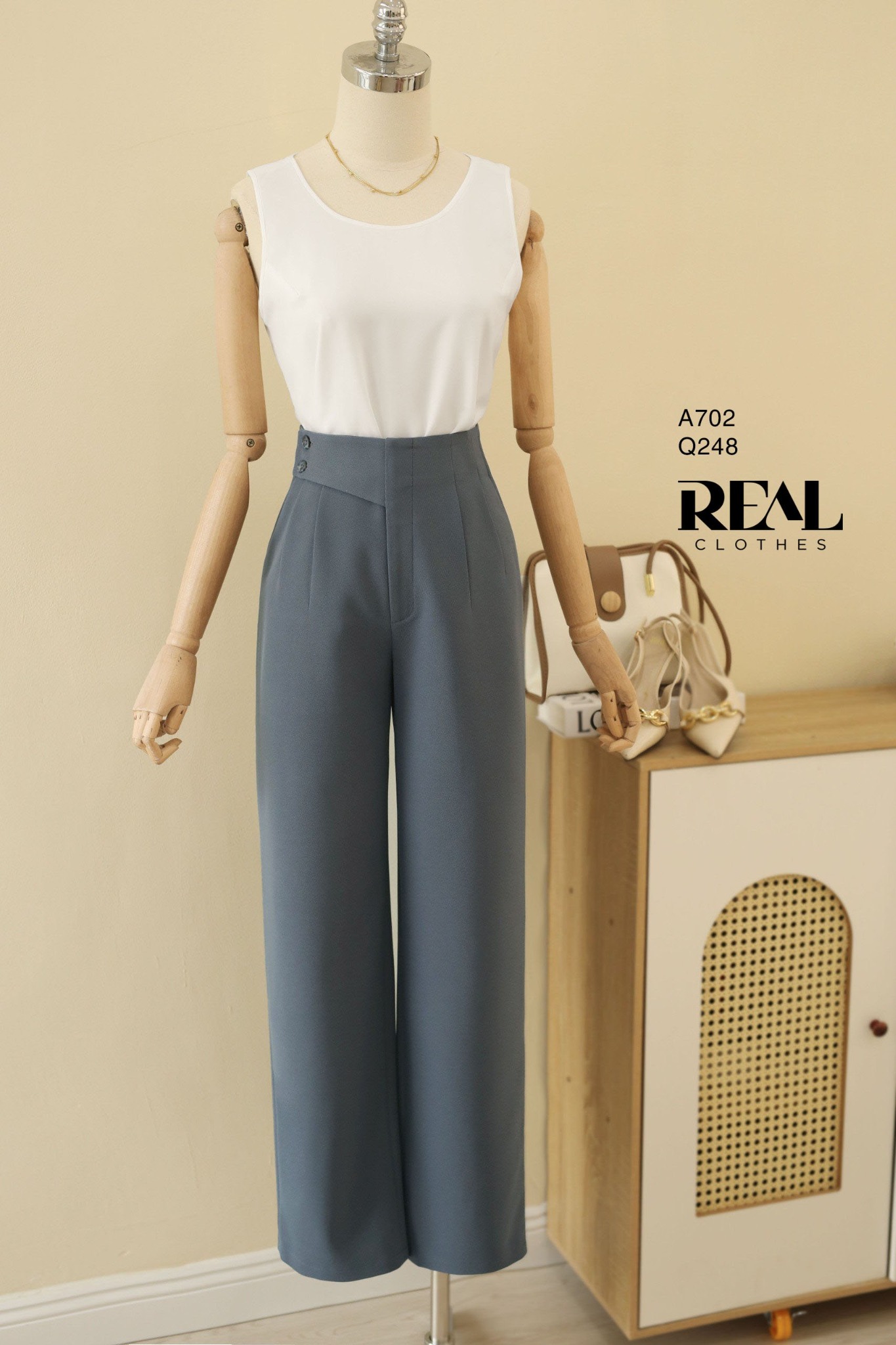 Quần suông Tokyo nút xám đậm