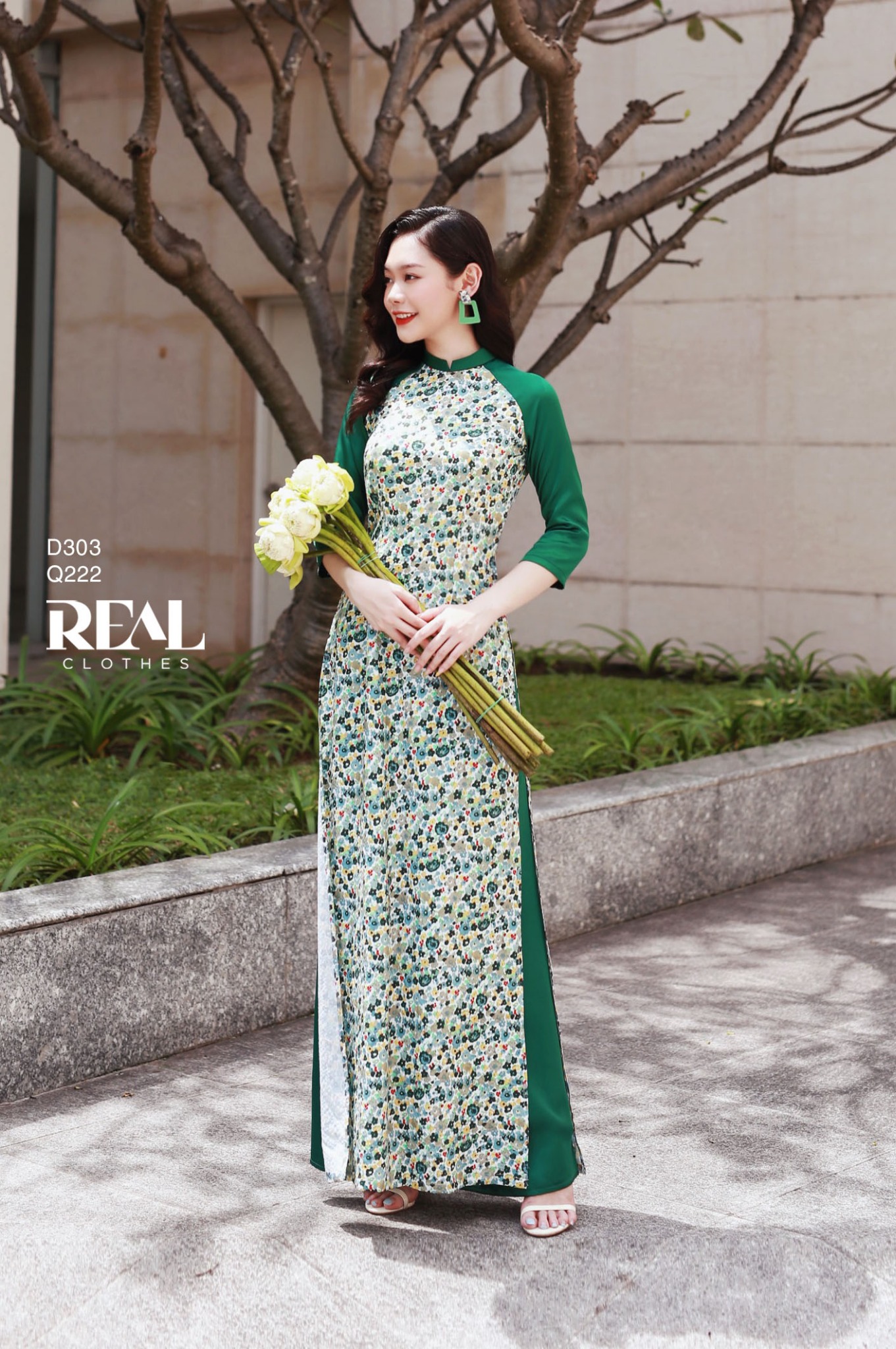 Áo dài truyền thống Ngọc Diệp xanh lá SALE - size XS