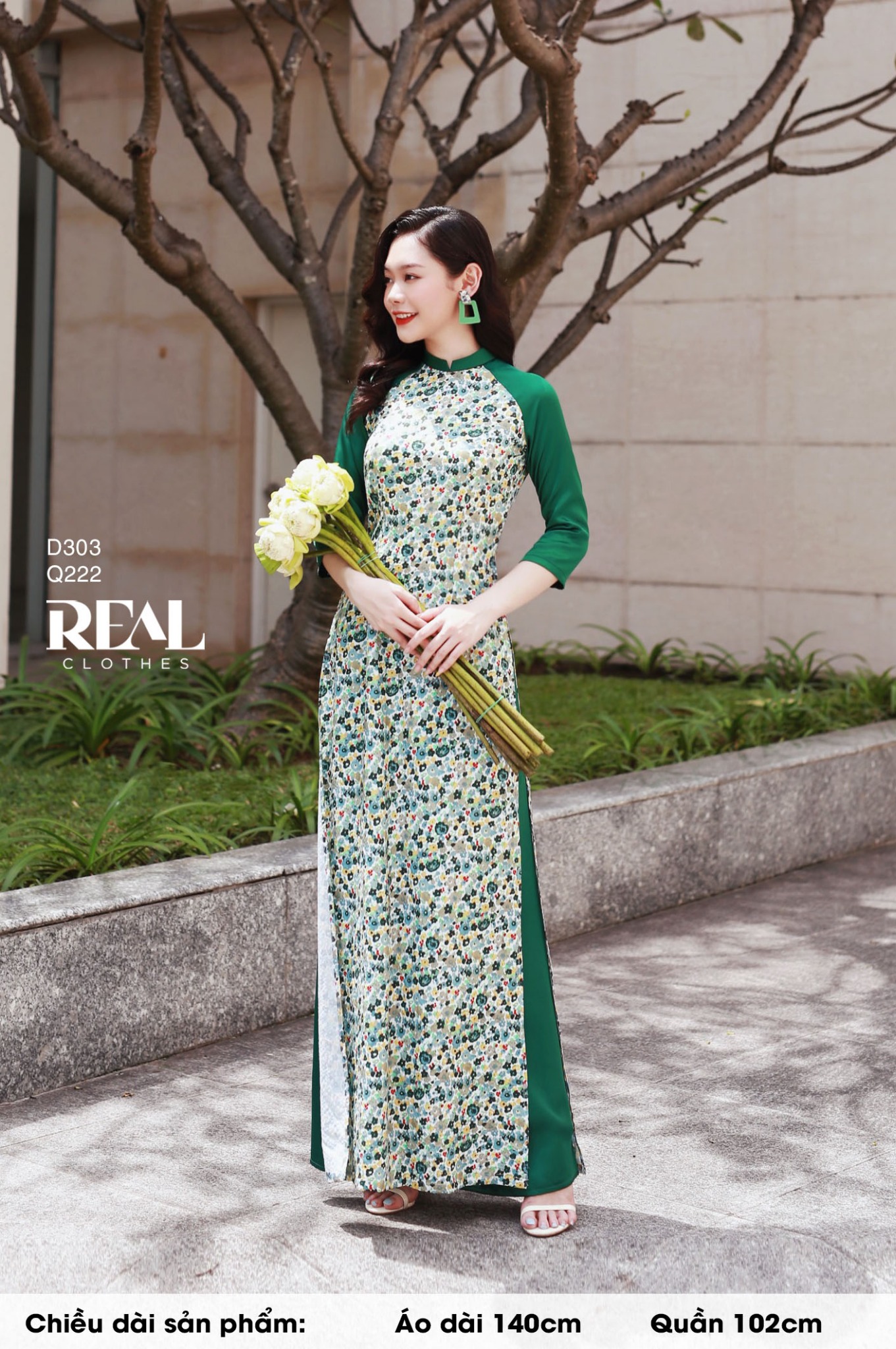 Áo dài truyền thống Ngọc Diệp xanh lá SALE - size XS