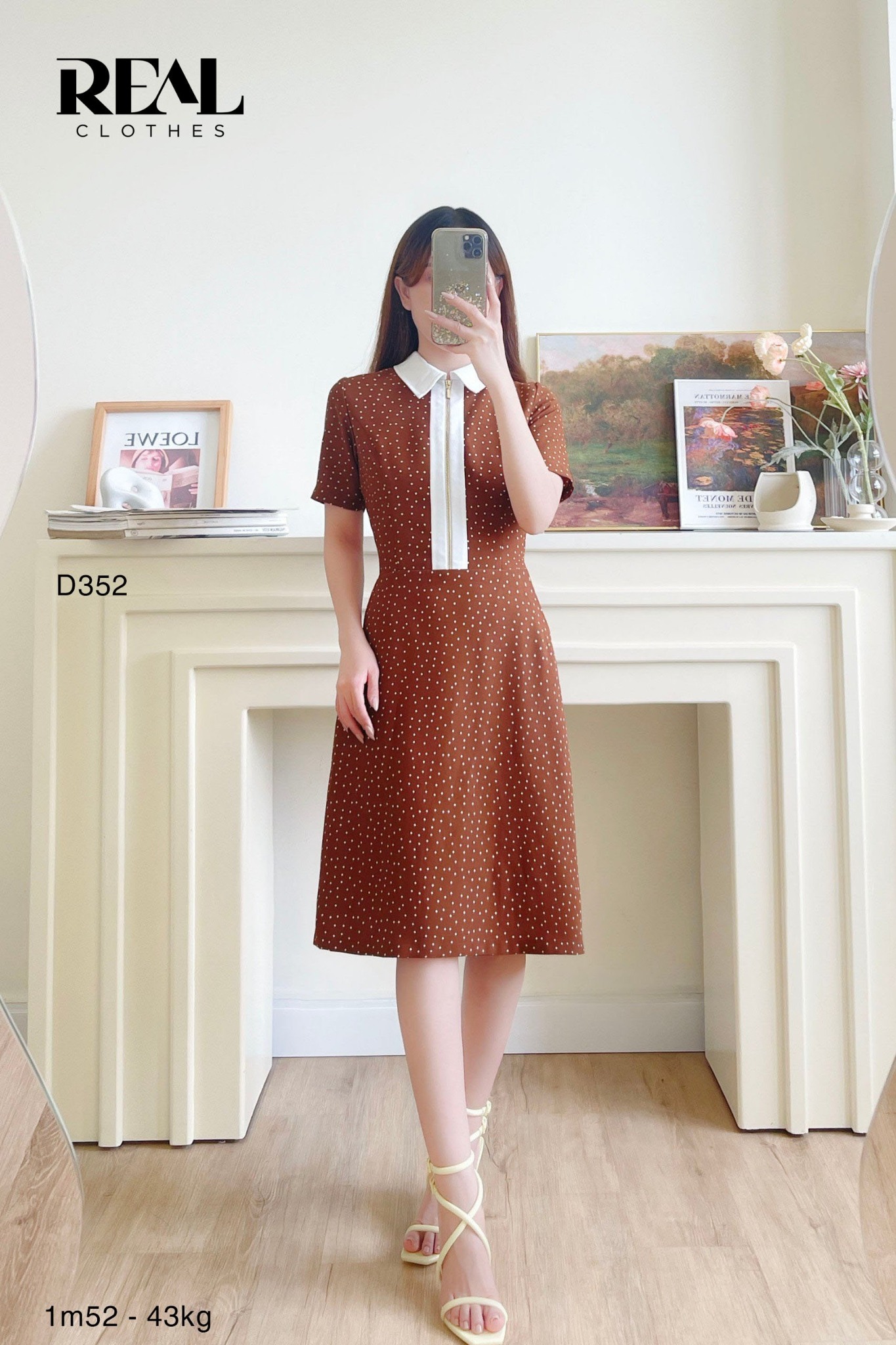 Đầm zipper chấm bi nâu SALE