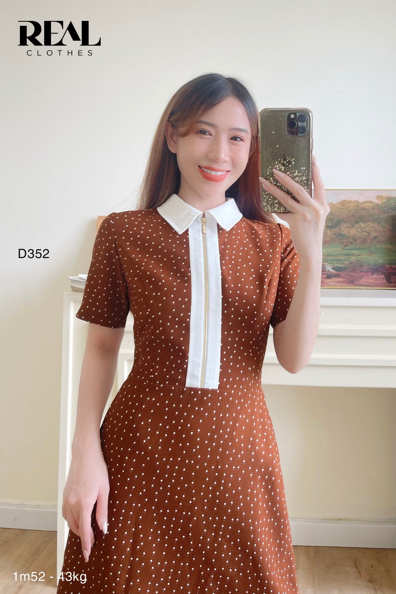 Đầm zipper chấm bi nâu SALE