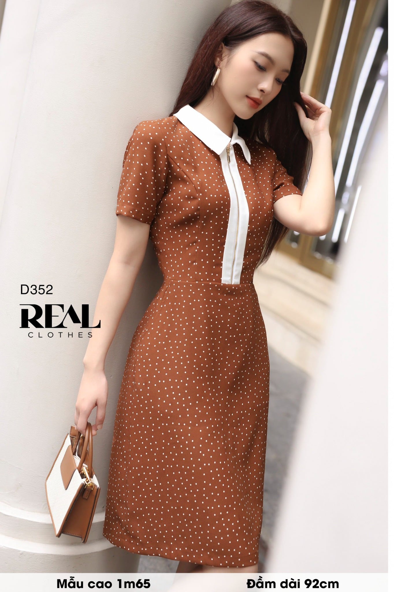 Đầm zipper chấm bi nâu SALE